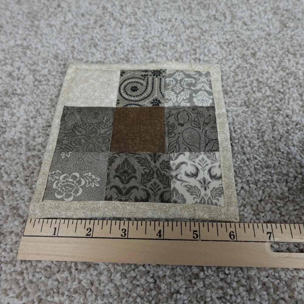 Handmade Quilted 9 Patch Mug Rug Set 2 Cream Grey Brown Cotton Coasters 6x6.5